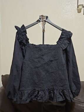 Smocked Ruffle-Sleeve Square Neck Blouse in Black